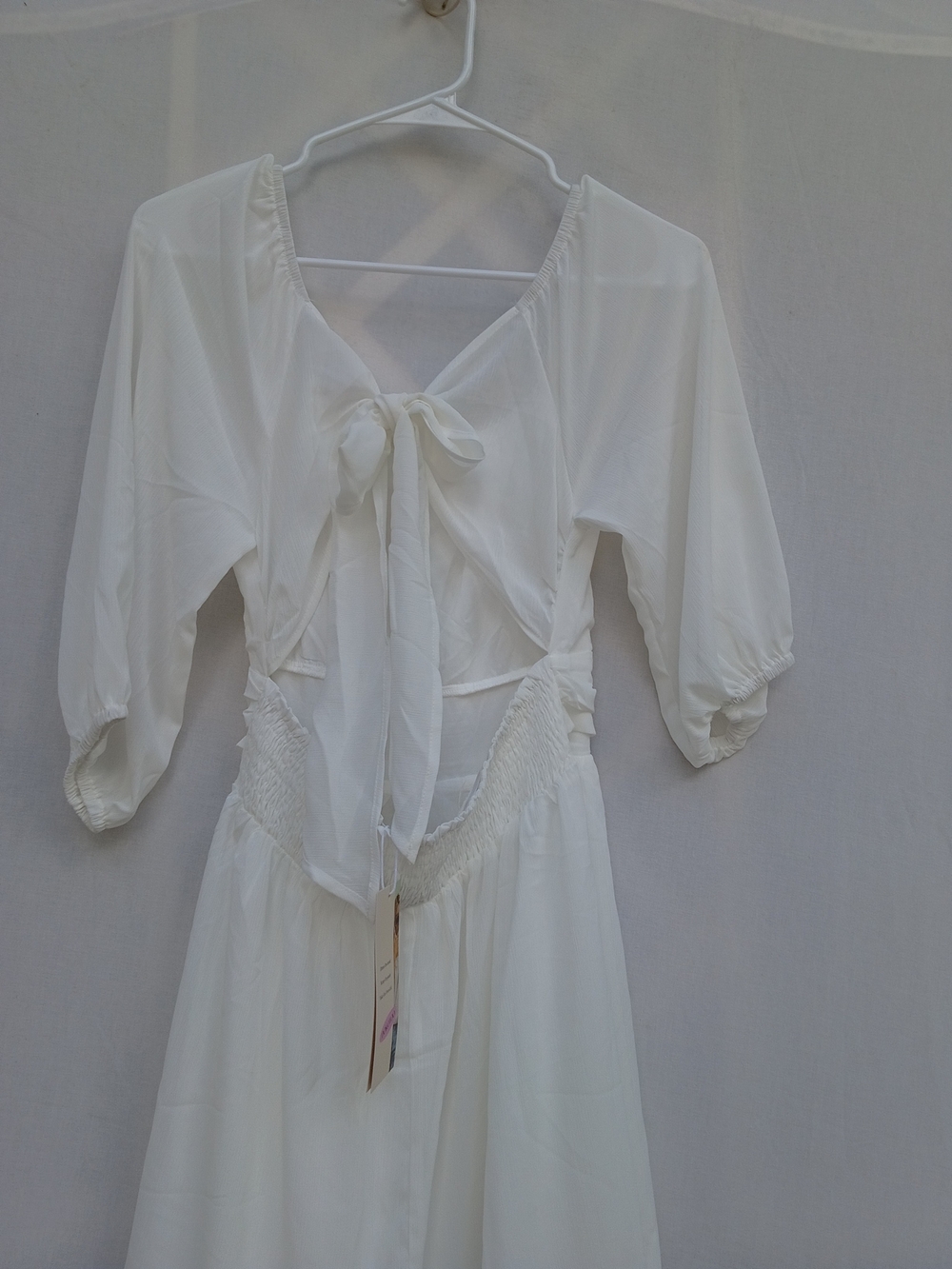 White Mini Dress with Ruffled Hem and Draped Waist - Picture 2 of 5